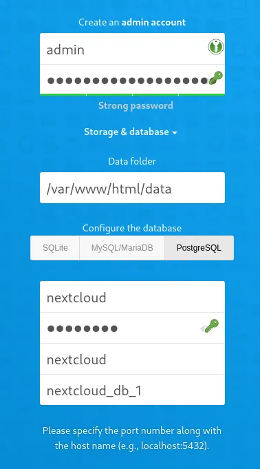 Rozhranie prvého prihlásenia Nextcloud s možnosťou výberu databázy.