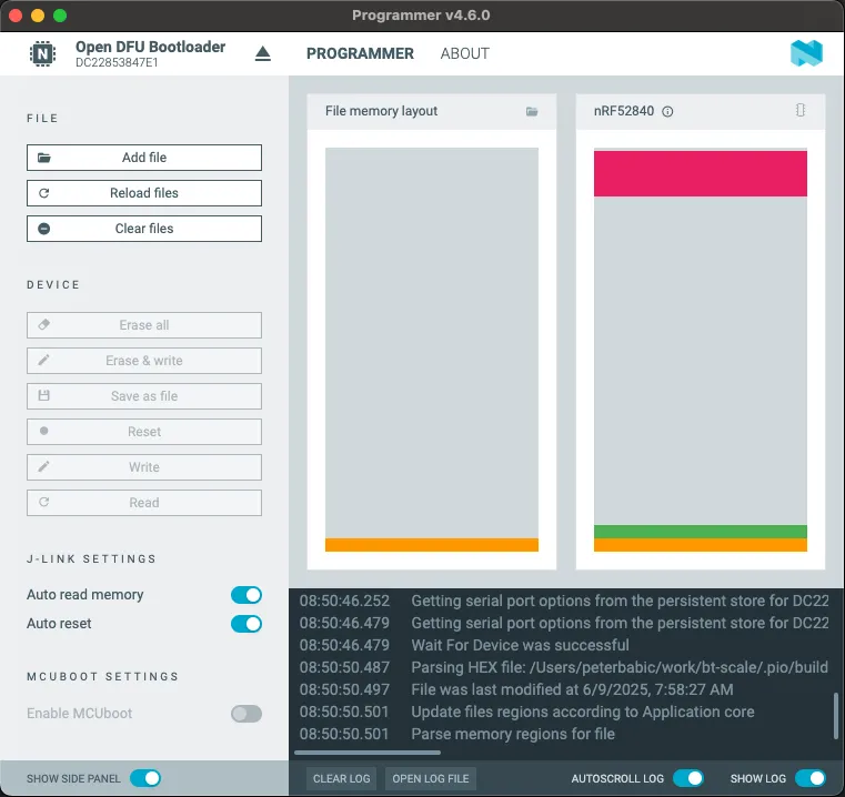 Rozhranie nRF Connect for Desktop GUI Programmer so zošednutým tlačidlom Write