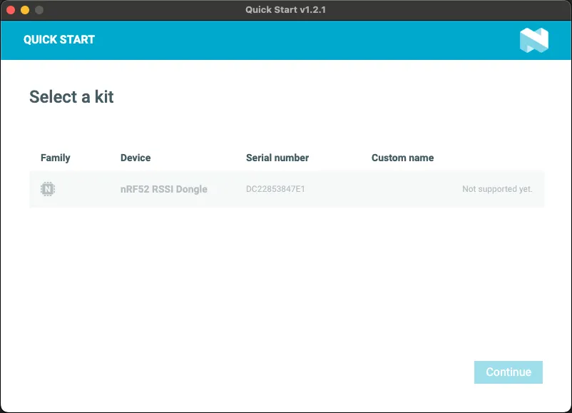 Nrf Connect for Desktop zobrazujúci nRF52840 Dongle ako nepodporovaný na stránke Quick Start
