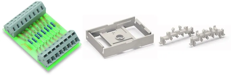 Hotový komponent pre DIN lištu obsahujúci 8 rezistorov a svorkovnice pre ne.