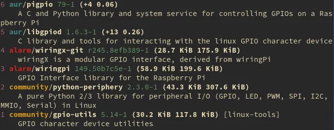 Výsledok príkazu yay gpio na Archlinux ARM, repozitár alarm je prítomný medzi relevantnými výsledkami ako community/gpio-utils, alarm/wiringpi alebo aur/pigpio