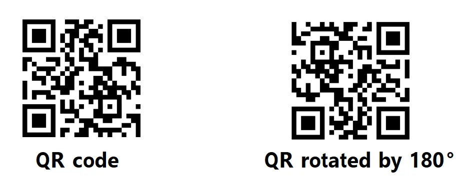 QR kód bez rotácie vľavo a QR kód otočený o 180 stupňov vpravo